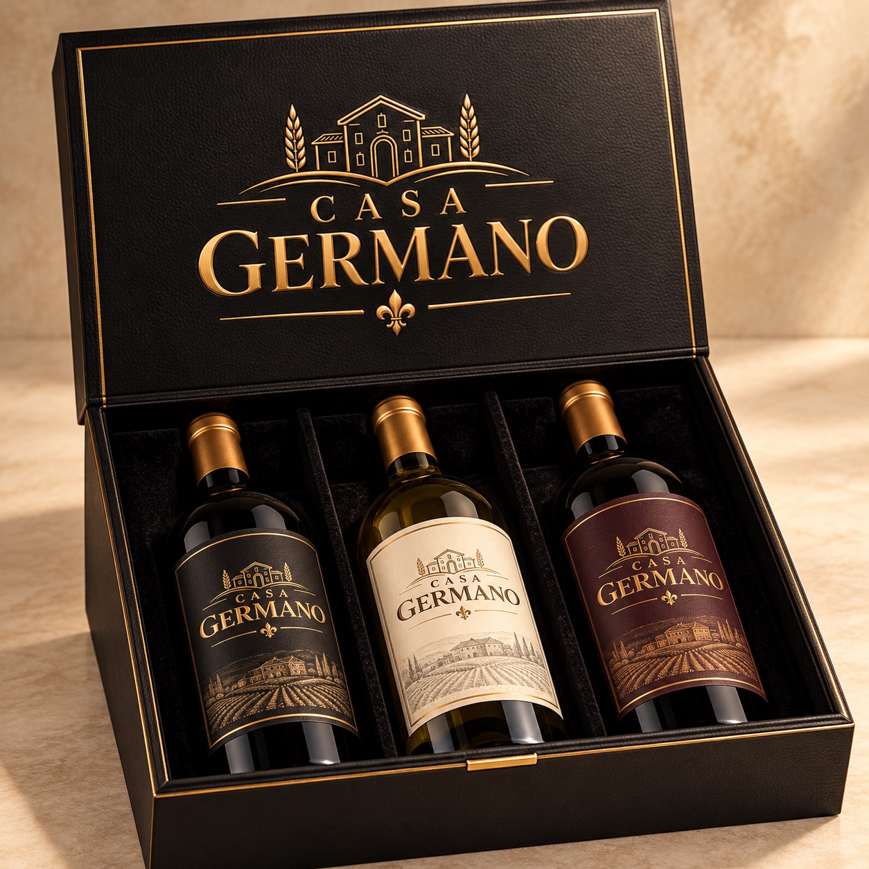 Caixa presente premium Casa Germano com três vinhos