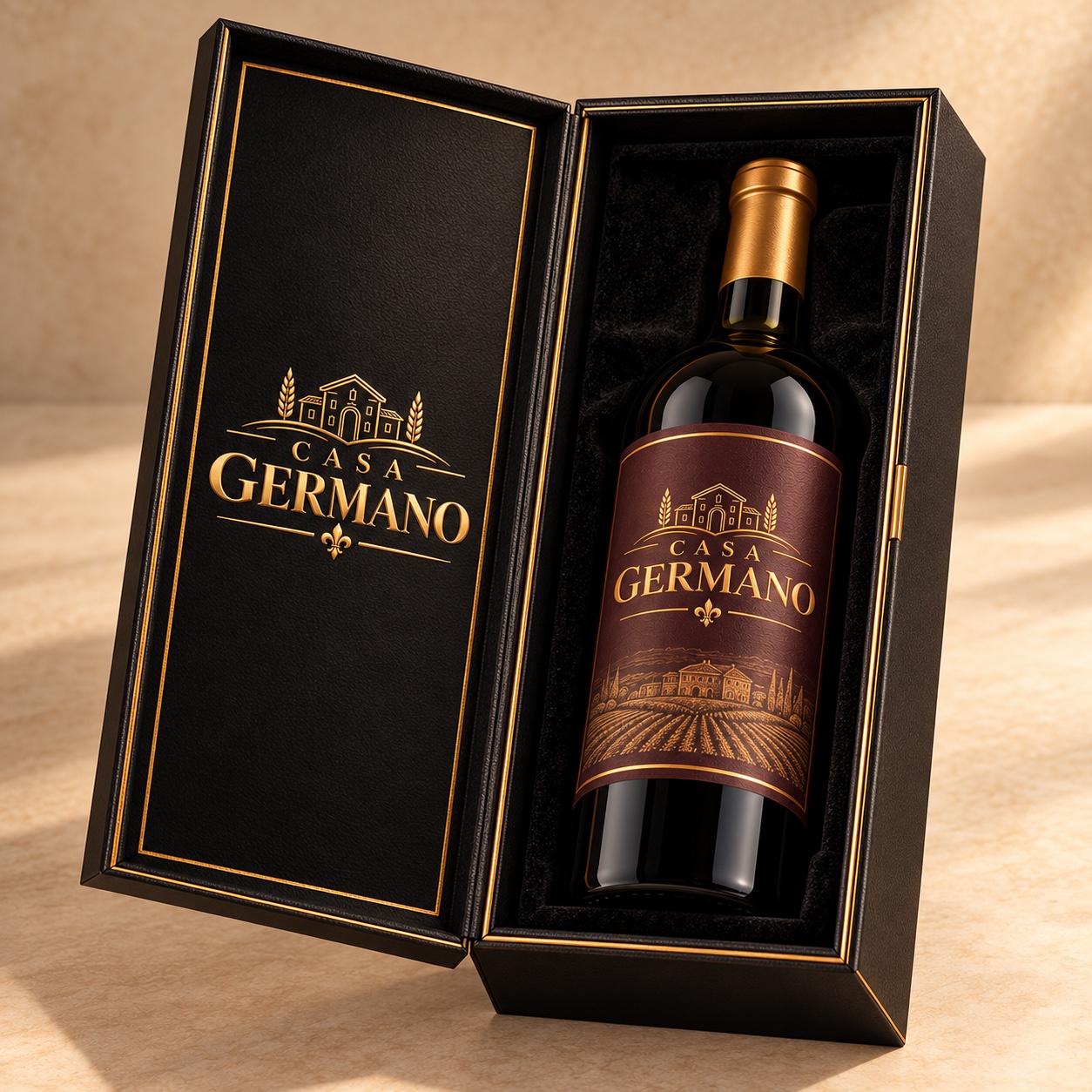 Caixa individual premium Casa Germano com uma garrafa de vinho