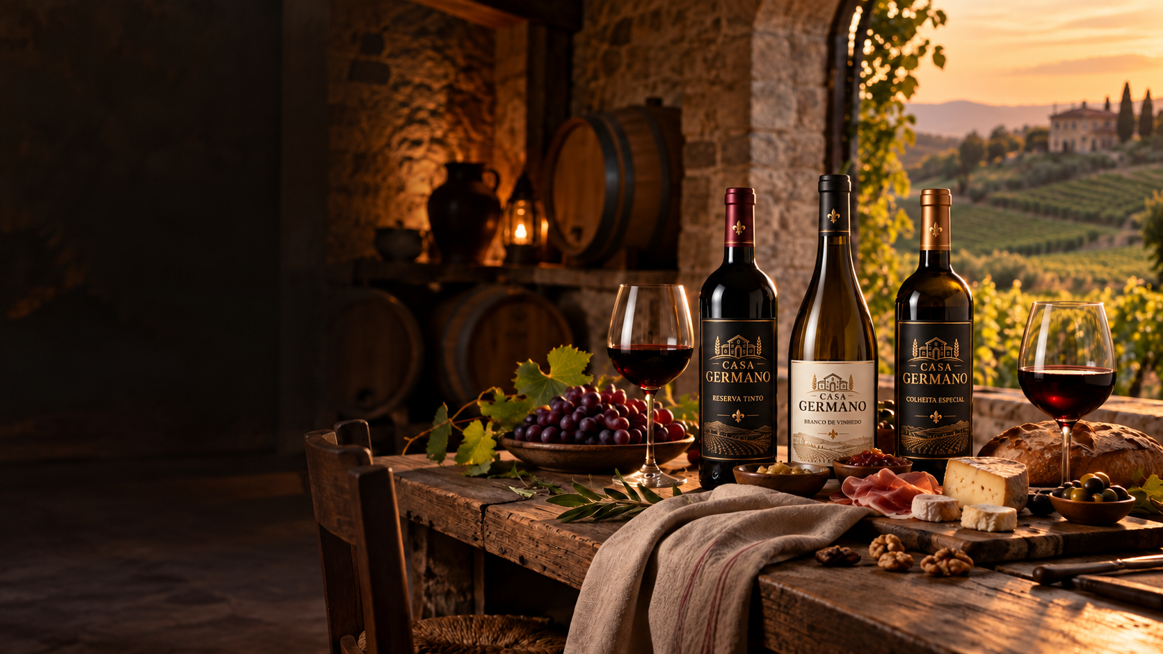 Vinhos Casa Germano em uma mesa diante do vinhedo